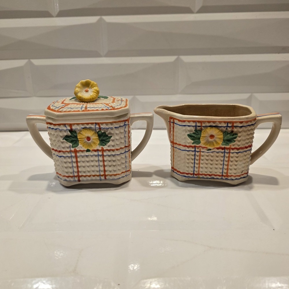Vintage Sugar & Creamer with Flowers Made in‎ Japan Plaid Art Deco Kitschy